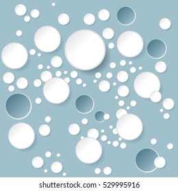 Blue and white background with white 3d circles. Abstract composition. 