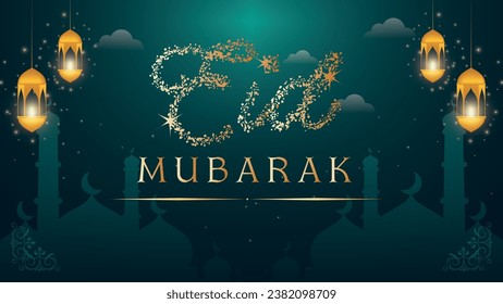 A blue and white background with balloons and the words eid mubarak