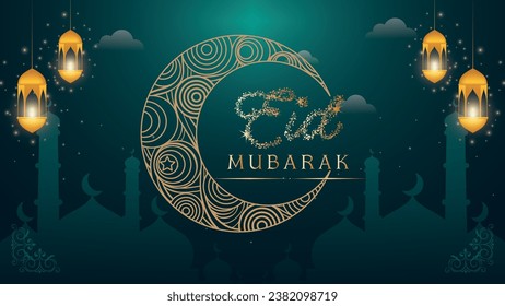 A blue and white background with balloons and the words eid mubarak