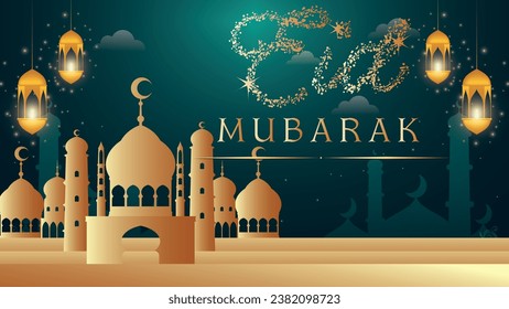 A blue and white background with balloons and the words eid mubarak