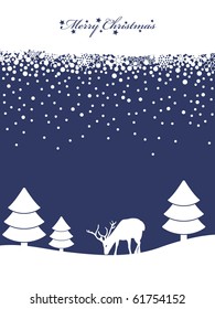 blue and white background with banner, trees and reindeer