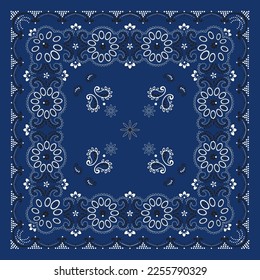 Blue and white background, decorative geometric line ornament. White pattern template. Bandana shawl, tablecloth fabric print, neck scarf, kerchief design.