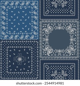 Blauer und weißer Hintergrund, dekorative geometrische Linie Ornament. Weiße Mustervorlage. Bandana Schal, Tischdecke Stoffdruck, Halsschal, Taschentuch Design.