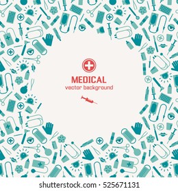 Blue and white background with different medical instruments and red cross and syring in middle flat vector illustration
