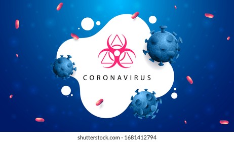 Blue and white background with liquid shapes, coronavirus molecules and biological hazard warning sign. Coronavirus COVID-2019. Coronavirus background in modern design with pink and blue molecules