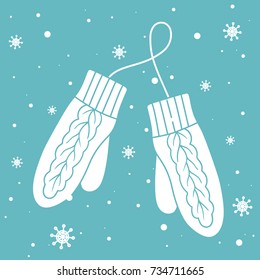 Blue and white background with mittens and snow. Backdrop with symbol of warmth. Stay warm, hand drawn poster design. Decorative illustration with snowfall