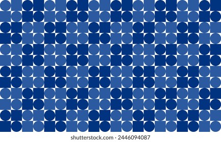 Blau-weißer Hintergrund, kleiner Würfelblock, Schachbrett mit punktblauem quadratischem nahtlosem Wiederholungsmuster, komplettes Bild-Design für Stoffdruck oder Bildschirmhintergrund, blaue abstrakte Wand