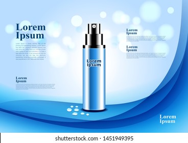 arrière-plan bleu blanc avec emballage cosmétique concept d'eau flou doux