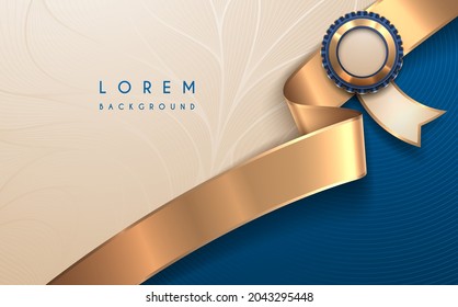 Blue and white background template with golden ribbon