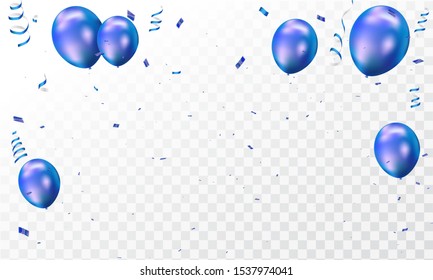 Blue white balloons, confetti concept design template holiday Happy Day, background Celebration Vector illustration.
