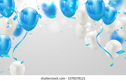Blue white balloons, confetti concept design template holiday Happy Day, background Celebration Vector illustration.