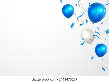 Blue and white balloons, confetti, ribbon vector illustration