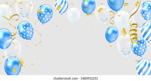 Blue white balloons, Gold confetti concept design template holiday Happy Day, background Celebration Vector illustration.