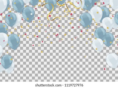 Blue and white balloons on white background