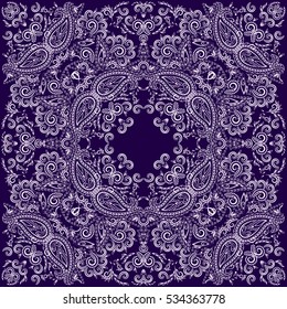 Blue and white bandana classy. Traditional ornamental ethnic pattern with paisley and flowers. Vector print square.



