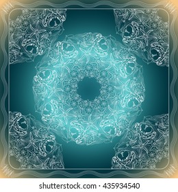 Blue and white bandana square pattern design for print on fabric. Kerchief or neck scarf style. Mandala vector illustration with crabs, squids, starfishes, shells and waves.