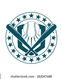 Blue and white baseball emblem logo or banner with a circular frame with stars around it enclosing a ball and crossed bats for sports design