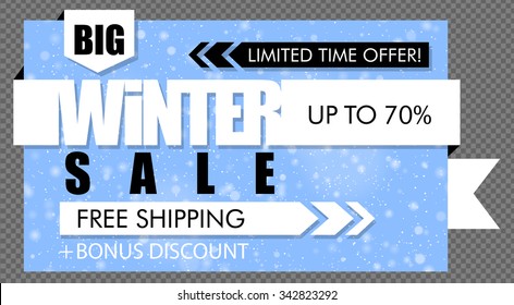 Blue and white big winter sale banner with snow
