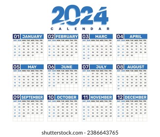 Blue, White and Black 2024 wall calendar template schedule vector 