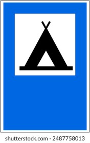 Blue, white and black colored road sign camping site ahead. Illustration made July 11th, 2024, Zurich, Switzerland.