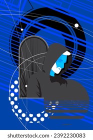 Blue, white and black geometrical graphic retro poster with male head, chest statue. Minimal geometric elements with man bust sculpture. Vintage shapes template.