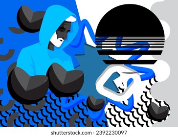 Blue, white and black geometrical graphic retro poster with male head, chest statue. Minimal geometric elements with man bust sculpture. Vintage shapes template.