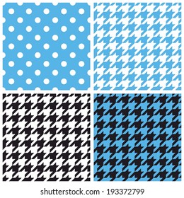 Blue, white and black pastel vector tile background set. Houndstooth and polka dots seamless pattern collection for desktop wallpaper or kids website design