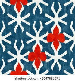 Blauw en wit blokprintpatroon met rode accenten, grunge lijnen ikat patroon, ikat naadloos patroon, Vector illustratie achtergrond voor het afdrukken van het papier.