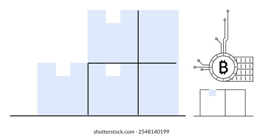 Blue and white blocks arranged in a Tetris-like pattern next to a Bitcoin symbol with circuit elements. Ideal for technology, cryptocurrency, blockchain, data storage, digital currency. Minimalistic