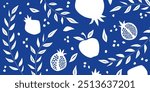 Blue and white botanical hand drawn background with pomegranates, branches and apple, jewish holidays, israeli traditional new year, rosh hashana, shana tova. Pattern for celebration, greeting cards.