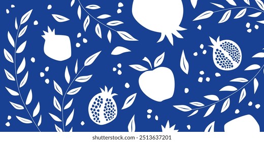 Blue and white botanical hand drawn background with pomegranates, branches and apple, jewish holidays, israeli traditional new year, rosh hashana, shana tova. Pattern for celebration, greeting cards.