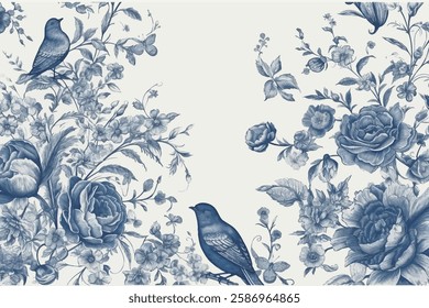 Blue and white botanical print, featuring detailed illustrations of birds and flowers.