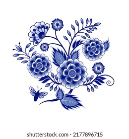 Un ramo azul y blanco de flores abstractas.  Diseñar elementos en un fondo blanco. Decoración de estilo chino. Plantilla de vector floral.