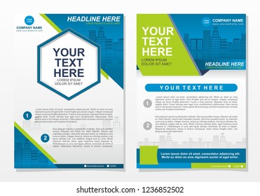 Blue and white brochure design template with building silhouette vector 