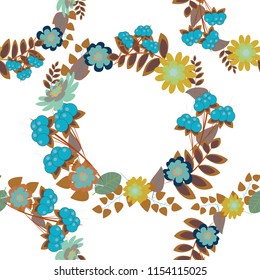 Blue, white and brown background. Geometric flower vector ornament. Seamless abstract floral pattern. Stylish graphic design.