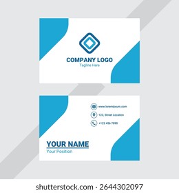 Blue and white business card with logo and contact details.