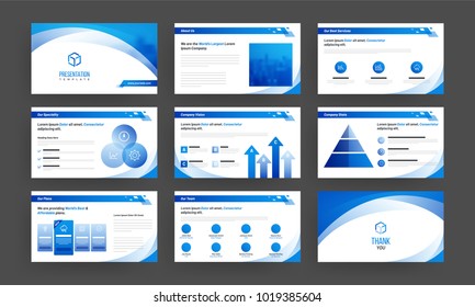 Blue and white, Business presentation template with infographic elements and collection of flat style web symbols.