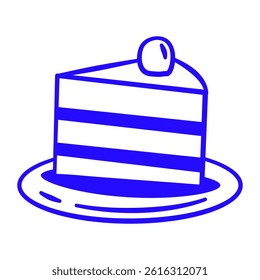 A blue and white cake with a cherry on top. The cake is on a plate