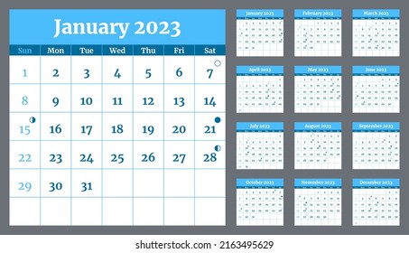 Plantilla de calendario azul y blanco 2023 con fases de luna. La semana comienza el domingo. Muros de cristal de estilo minimalista. Planificador mensual del ciclo. Cuadrícula horizontal. Organizador de la agenda. Ilustración del vector