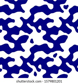 Blue and white camouflage seamless pattern. Monochromatic cowhide tiling. Cowskin background