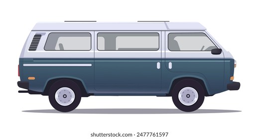 Camioneta azul y blanco en un estilo de diseño plano sobre un fondo blanco. Concepto de viaje y aventura. Ilustración vectorial