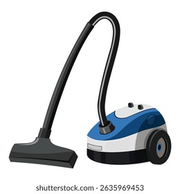 Blue and white canister vacuum cleaner with black hose