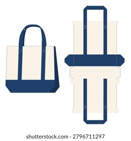 A blue and white canvas tote bag with sturdy handles, shown from front and side views.