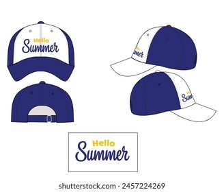 Blue and white cap. Summer cap. The cap is embroidered with "Hello summer".Vector illustration isolated on a white background