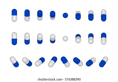 Blue and white capsule pills on white background. Capsules are depicted in different angles. Vector illustration.  Design element.  