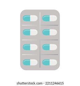 Cápsulas blancas y azules en un envase. Un plato de pastillas azules y blancas. Diseño de vectores