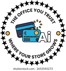 Una tarjeta azul y blanca con una estrella que dice "La oficina en la que confías" y "Dónde crece tu tienda"