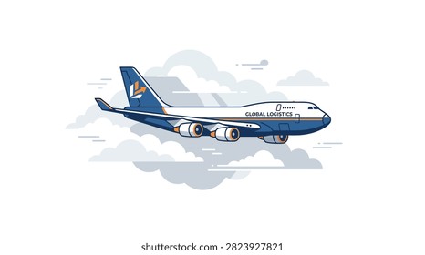 A blue and white cargo jetliner soars through a cloudy sky.