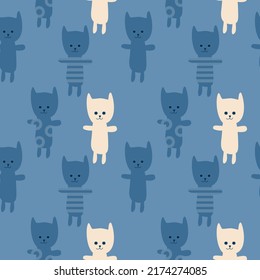 Blue and white cats cartoon so cute.on blue background.pattern seamless vector and illustration.