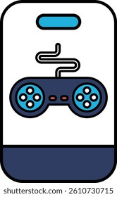 A blue and white cell phone with a controller on it. The controller is blue and white and has a red button